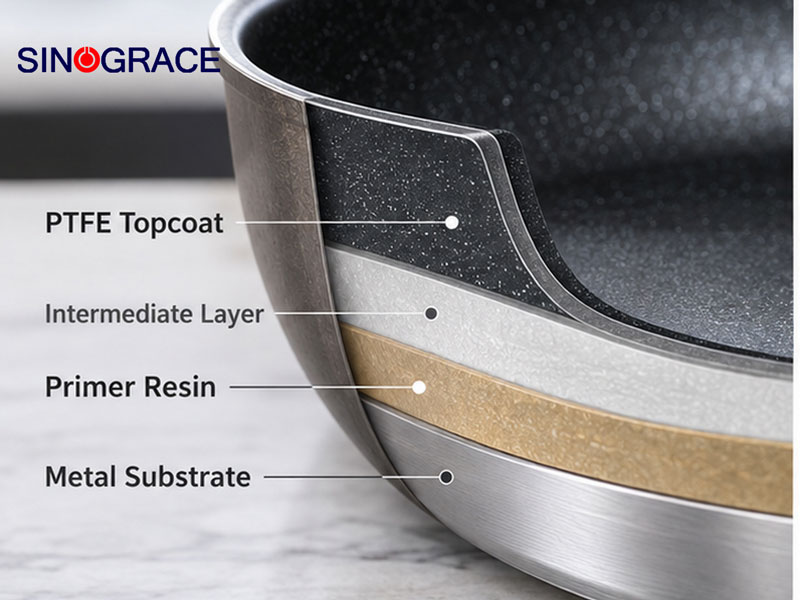 Non-stick frying pan illustrating PTFE coating adhesion to metal cookware